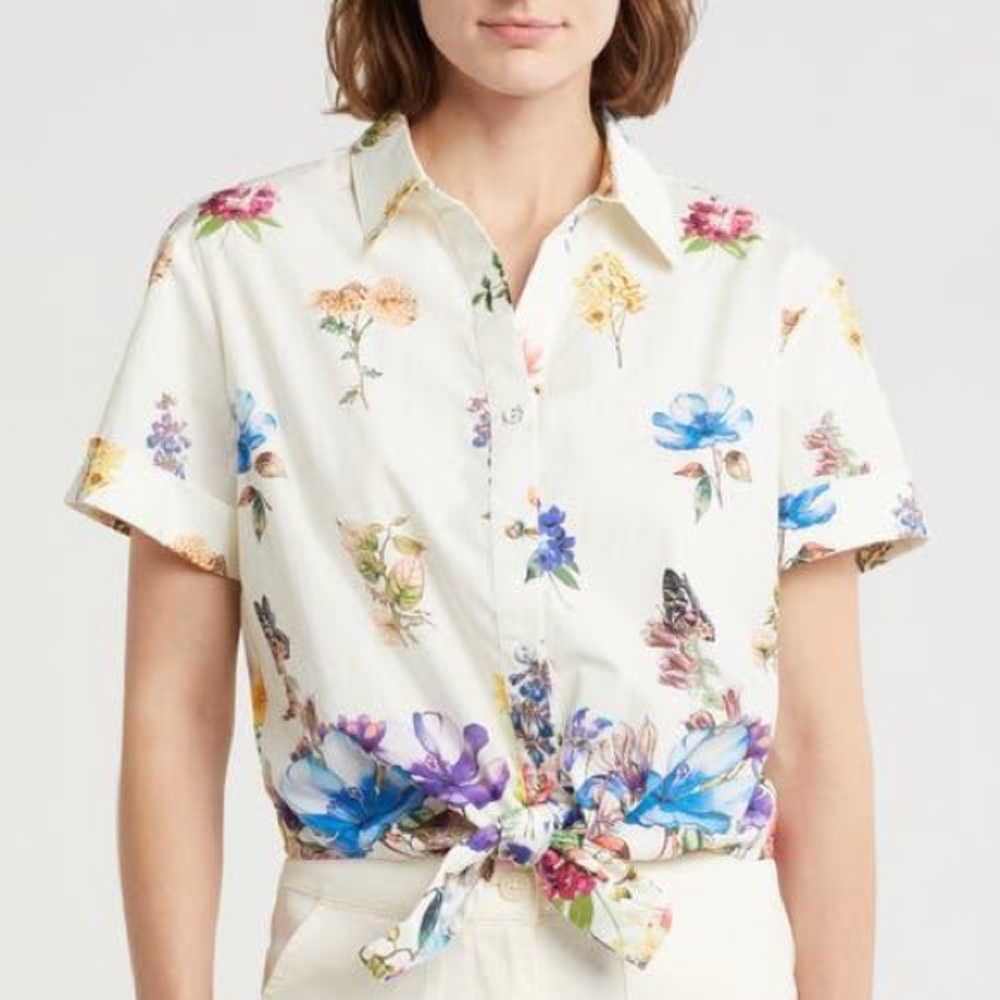 Size S 100% Cotton Floral Print Tie-Front Shirt Boho Feminine Cropped Y2K Preppy